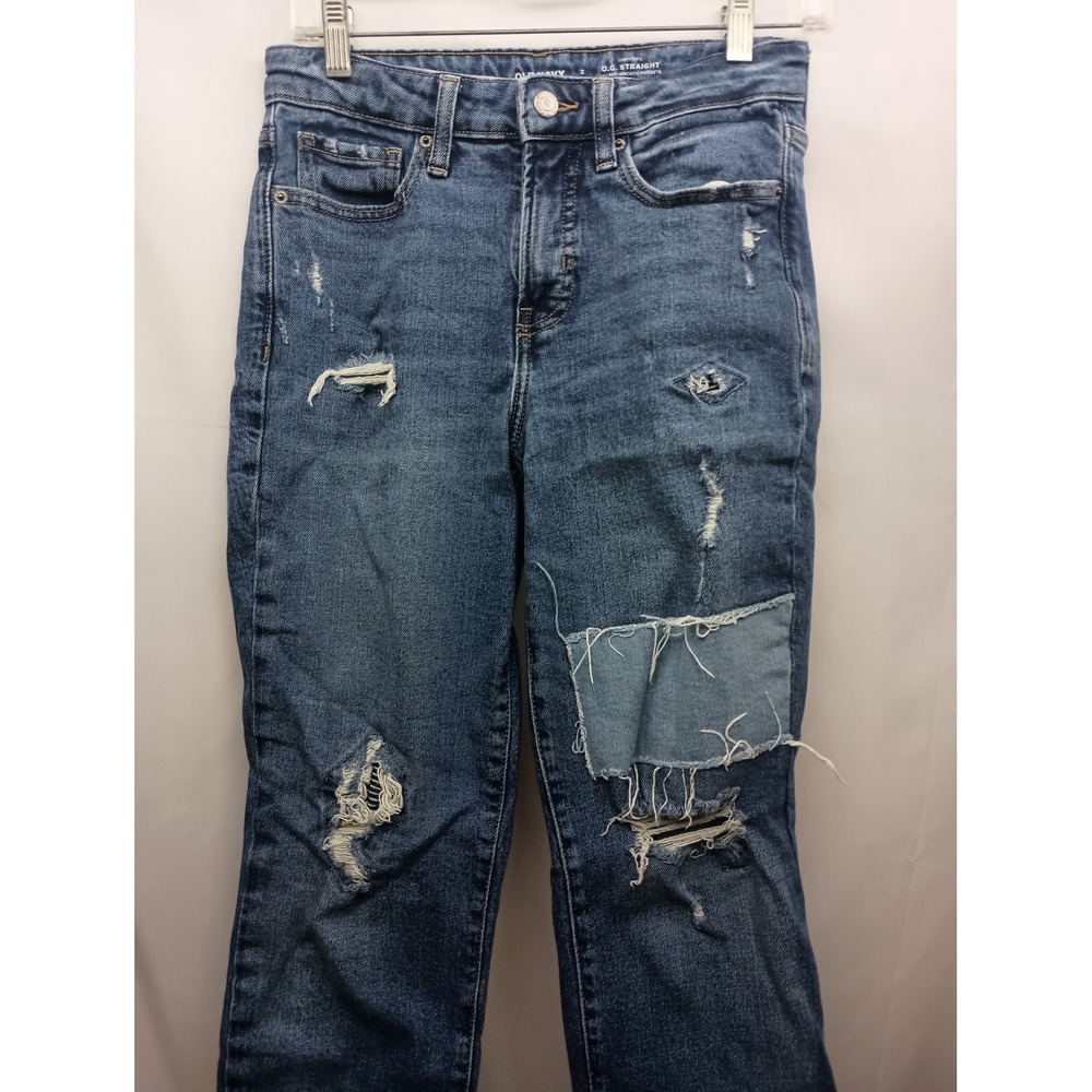 Old Navy size 2 OG straight high rise blue denim frayed thrashed patchwork jeans